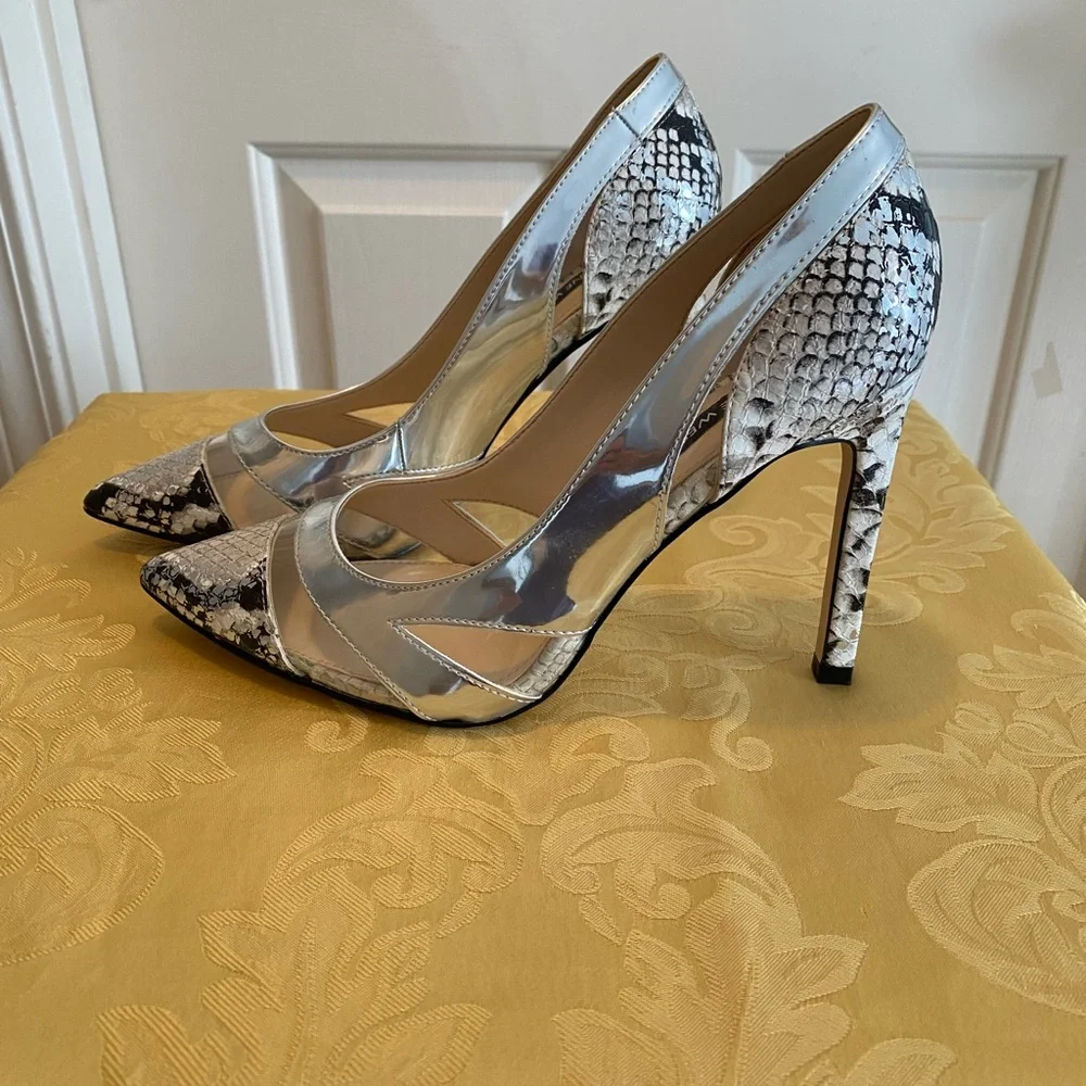 Nine West Silver and Black Snake-Print Pointed Stiletto Pumps